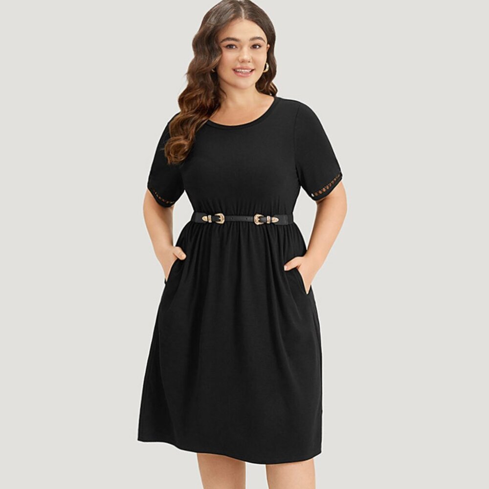 NWT BloomChic Black Plain Crew Neck Pocket Hollow Out Ruffle Hem Dress Size 10/M